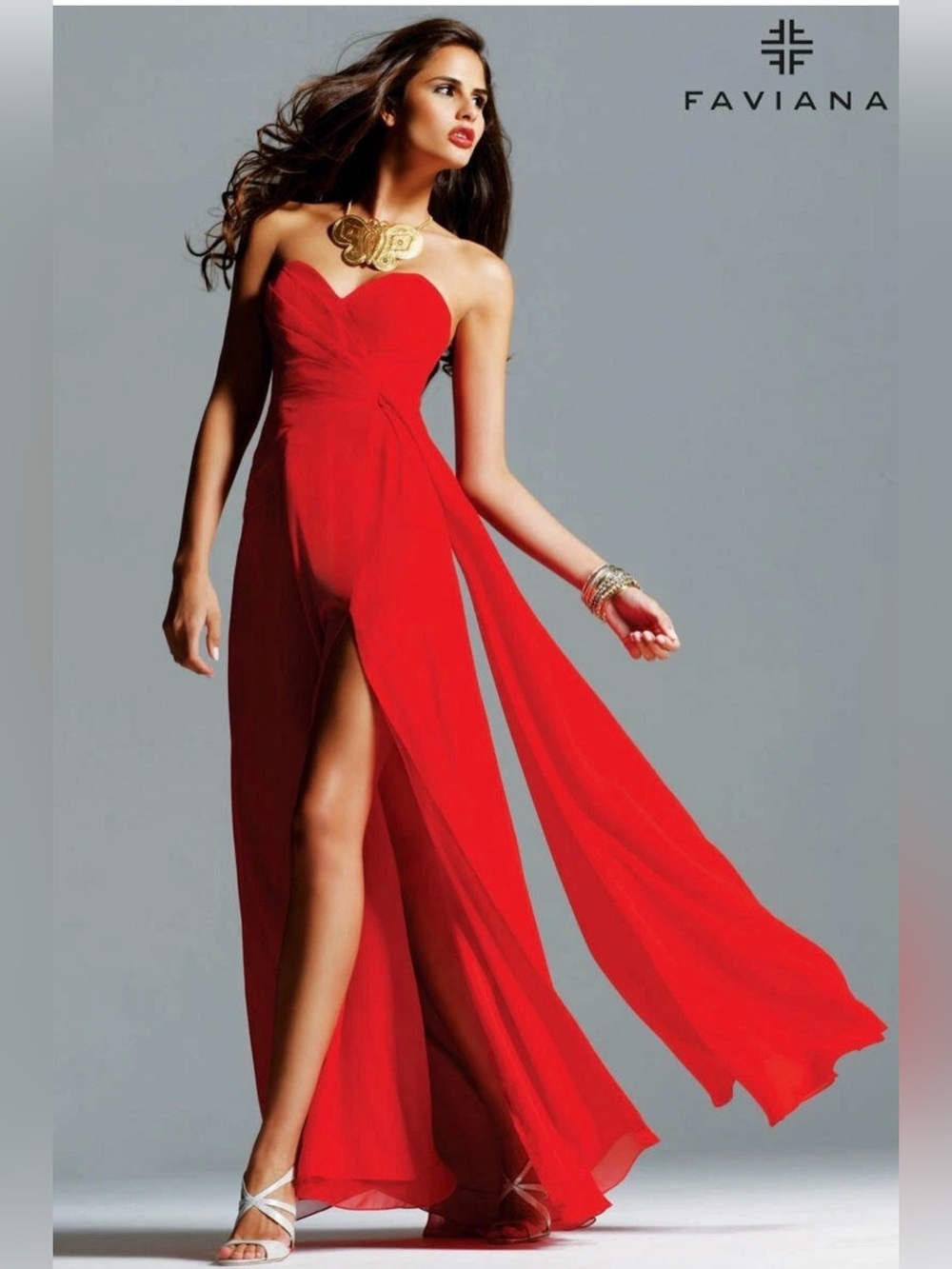 Faviana Strapless Red Evening Dress with Draped Train